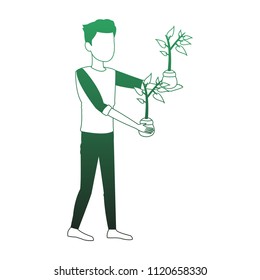 Man wit plants on pot green lines