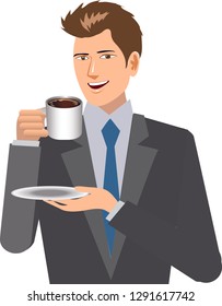 Man Wit Suit Drink A Cup Of Black Coffee - Vector Illustration