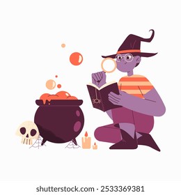 Hombre En Sombrero De Bruja Que Lee El Libro De Hechizos Cerca Del Caldero En Ilustración vectorial Plana Que Simboliza La Magia, La Brujería Y Halloween, Aislado Sobre Fondo Blanco