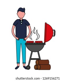 man withbarbecue grill sausages and wooden