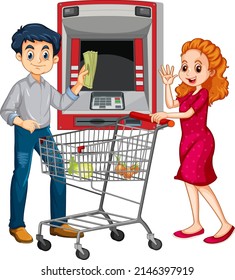A man withdraw money from atm machine and his wife cartoon character illustration