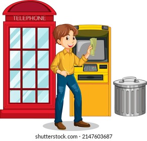 A man withdraw money from atm machine illustration
