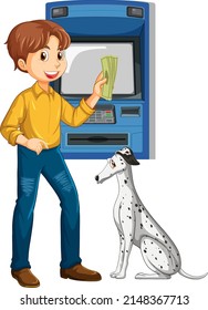 A man withdraw money from atm machine and a dog illustration