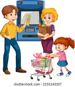 A man withdraw money from atm machine and his family illustration
