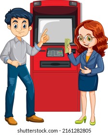 A man withdraw money from atm machine and his wife cartoon character illustration