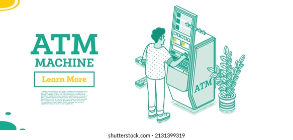 Man Withdrawal Cash in Modern Atm Machine Isolated on White. Isometric Business Concept. Vector Illustration. Touch Screen with UI Interface. Outline Automated Teller Machine. Online Cashier.