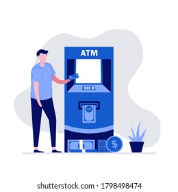 Man withdrawing money from ATM. Modern vector illustration in flat style for landing page, mobile app, poster, flyer, web banner, infographics, hero images.