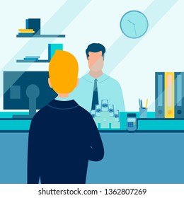 A man withdraws cash on hand. Work in the bank. Flat in minimalist style. Cartoon vector illustration