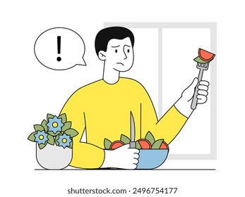 Man without appetite. Sad young guy looking at salad. Person with depression and frustration. Teenager with tasteless food at kitchen. Linear vector illustration isolated on white background