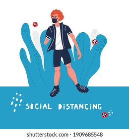 Man without arm in mask walking alone keeping social distance. Cute hand drawn vector illustration. Covid-19 prevention concept