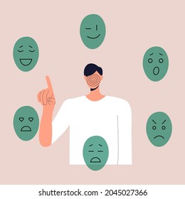 A man without a face chooses a mask to express various emotions. The concept of personality changes in accordance with social requirements and pressures. Vector illustration in a flat style. Eps 10.