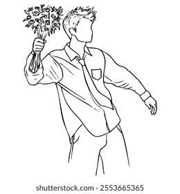 man without a face throws a bouquet of flowers - hand drawn sketch art. man in shirt and tie swings hand-picked flowers. broken heart, angry, irritated, rejected admirer