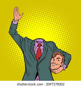 A man without a head. Strange politician businessman with glasses, smile happiness. Pop Art Retro Vector Illustration Vintage kitsch 50s 60s Style