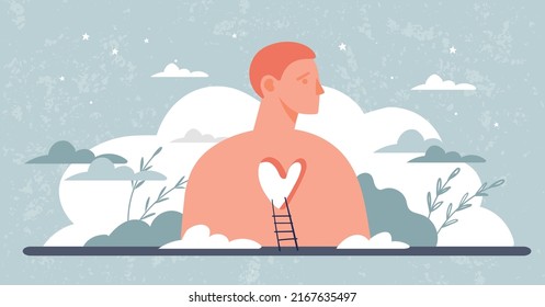 Un hombre sin corazón. El concepto de trauma psicológico infantil, problemas de relación, divorcio, problemas de comunicación adolescente. Ilustración vectorial de caricatura plana, pancarta psicológica.