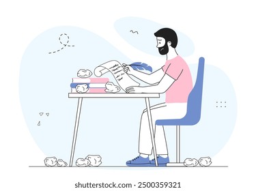 Man without inspiration. Sad writer sits at table with pen and paper. Young guy doesnt know what to write. Procrastination and frustration. Linear vector illustration isolated on white background