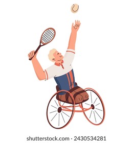 Un hombre sin piernas en silla de ruedas juega al tenis. Deportes de verano. Una vida plena y feliz. Ilustración vectorial aislada sobre fondo transparente.