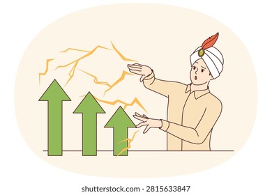 Man in wizard hat demonstrates business magic, increasing financial performance using fraudulent methods. Male sorcerer uses magic or tricks to improve economic performance of company