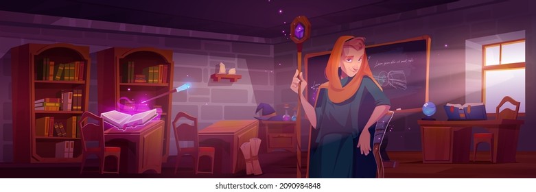 Man wizard in magic school classroom. Vector cartoon illustration of sorcerers class interior with open book of spell, crystal ball, chalkboard, bookcases and young warlock student with wooden staff