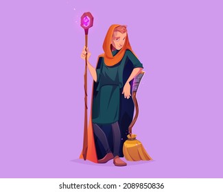 Man wizard with magic staff and broom. Vector cartoon illustration of sorcerer character, warlock in medieval cloak with hood, mage with wooden stick with crystal and broomstick