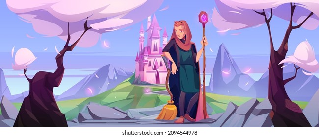 Man wizard on road to pink castle on green hill. Vector cartoon fantasy illustration of landscape with mountains, trees, royal palace and sorcerer character in cloak with magic staff and broom