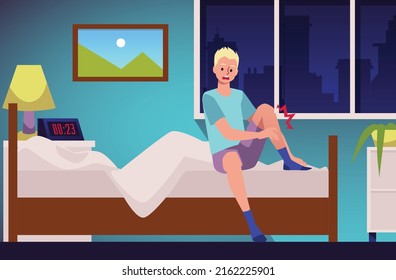 Man woke up during the night with leg numb, flat vector illustration. Cartoon character suffering from acute muscle pain and aches in ankle. Foot injury or disorder.