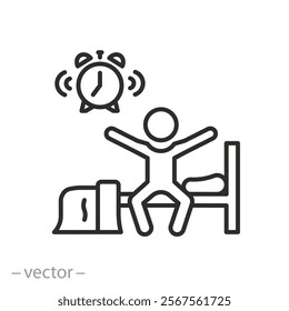 man woke up icon, person sitting on the bed, morning wake up concept, ringing alarm clock, thin line symbol on white background - vector illustration