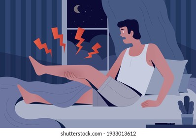 The man woke up in the night from severe pain. A man has a cramp in his own bed. The concept of sudden pain in the middle of the night