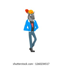 Hombre con cabeza de lobo en ropa casual vector Ilustración en fondo blanco