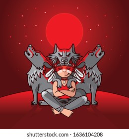A man and a wolf sit against a red moon