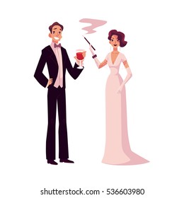 Man and woman in 1920s style clothes at a vintage party, cartoon style vector illustration isolated on white background. Man in black smoking and woman in pink vintage dress and mantel