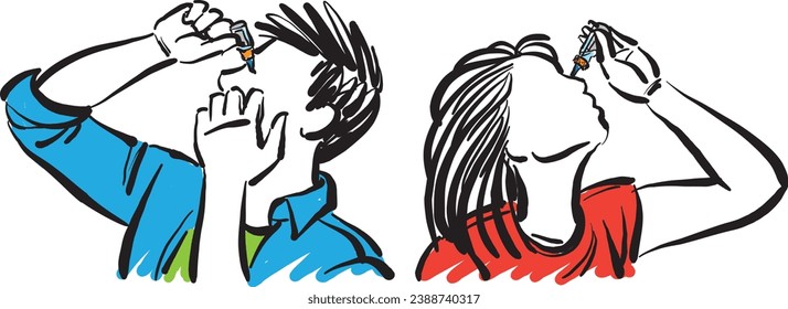 man and woman 2 applying eye drops health care doodle vector illustration