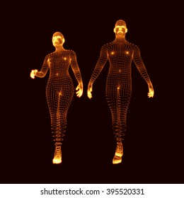 Man And Woman. 3D Model Of Man. Human Body Model. Body Scanning. View Of Human Body. Vector Graphics Composed Of Particles.