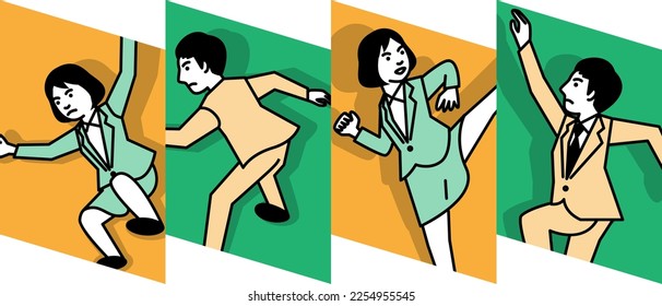 Man and woman in 4 poses. Vector illustration.