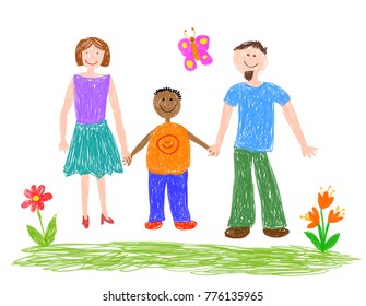 Man and woman with adopted boy. Vector illustration