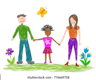 Man and woman with adopted girl. Vector illustration