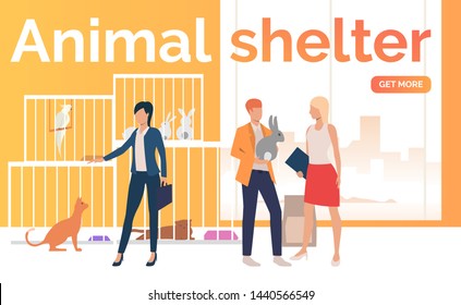 Man and woman adopting pets from animal shelter. Homeless pets, help concept. Poster or landing template. Vector illustration for topics like animal shelter, adoption, charity