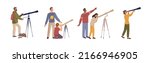 Man and woman, adults and children watching starry sky and celestial bodies in telescopes or binoculars. Exploring outer space and looking for planets. Flat cartoon character, vector illustration