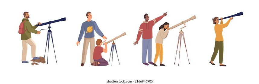 Man and woman, adults and children watching starry sky and celestial bodies in telescopes or binoculars. Exploring outer space and looking for planets. Flat cartoon character, vector illustration