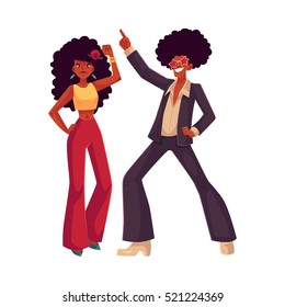 Man and woman with afro hair and 1970s style clothes dancing disco, cartoon style vector illustration isolated on white background. Young man and woman in flares with african black hair