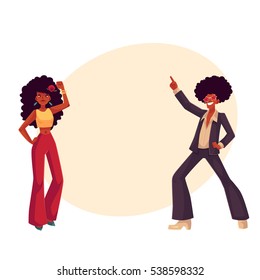 Man and woman with afro hair and 1970s style clothes dancing disco, cartoon style vector illustration on background with place for text. Young man and woman in flares with african black hair