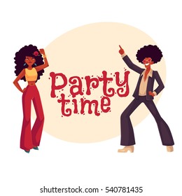 Man and woman with afro hair and 1970s style clothes dancing disco, cartoon style invitation, greeting card design. Party invitation, advertisement, Young man and woman in flares with african black