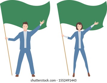 Man and woman agitate holding green flags on background, in blue office costumes, invitingly swinging their hands