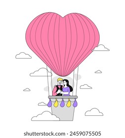 Hombre y mujer en el globo de aire simple. Pareja enamorada de viaje y vuelo. Romance y pasión. Encuentro romántico y cita en el cielo. Ilustración vectorial plana lineal aislada sobre fondo blanco