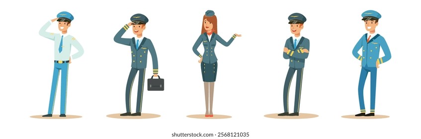 Man and Woman Aircraft Crew Staff and Team Member Character Vector Set