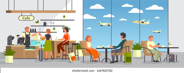 Man and woman at airport cafe. Passenger with baggage eating at airplane food court . Idea of tourism and transportation. Isolated flat vector illustration