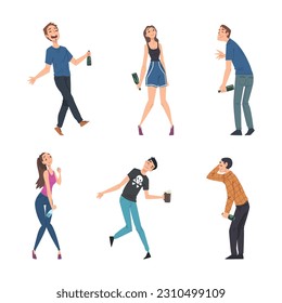 Man and Woman with Alcohol Bottle in Hands Drinking Spirits Vector Set