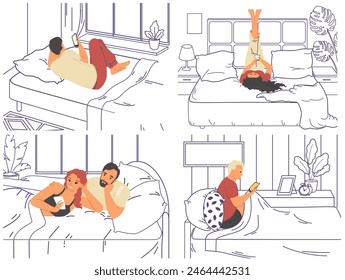 Hombre mujer sola y pareja con móvil en Ilustración vectorial de cama