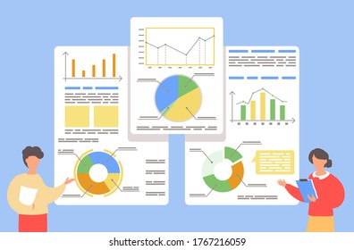 Man and woman analysing graphs, diagram, charts, pie charts at white boards. Cartoon characters presenting financial plans. Workers presenting graphical analysis. People isolated at blue background
