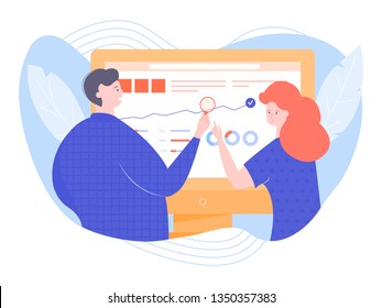 Man and woman analyze data and statistics. Colleagues stand back at the dashboard on the monitor screen. Startup and business. Vector illustration.