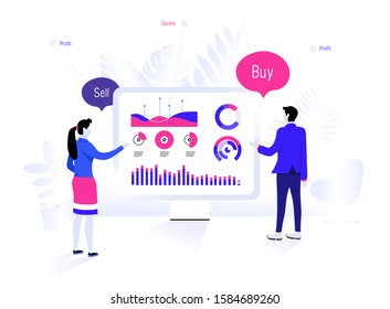 Man and woman analyze the market. Teamwork in the development of the company. Metaphor. Business concept with innovation technology connection with commercial resource.
Isolated vector illustration. 